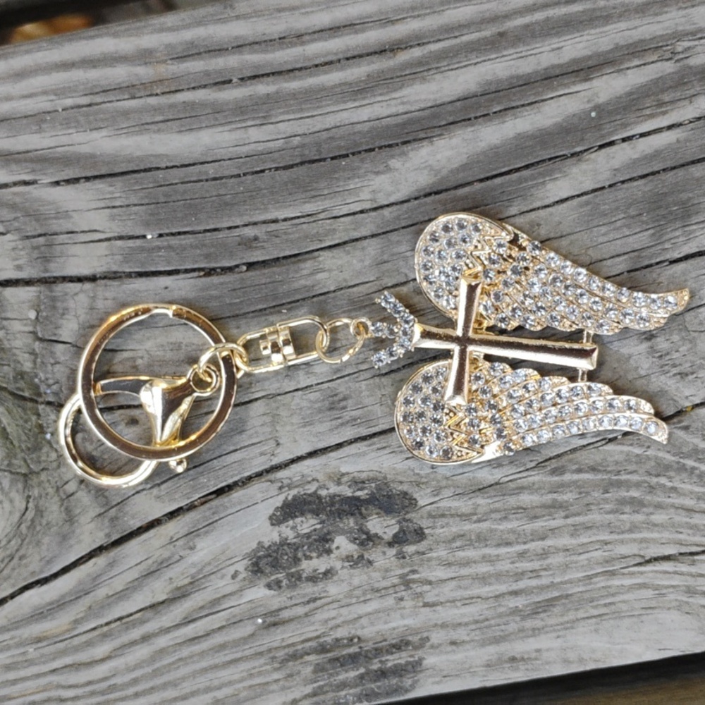 Rhinestone Cross with angel wings bag charm - Picture 2 of 2
